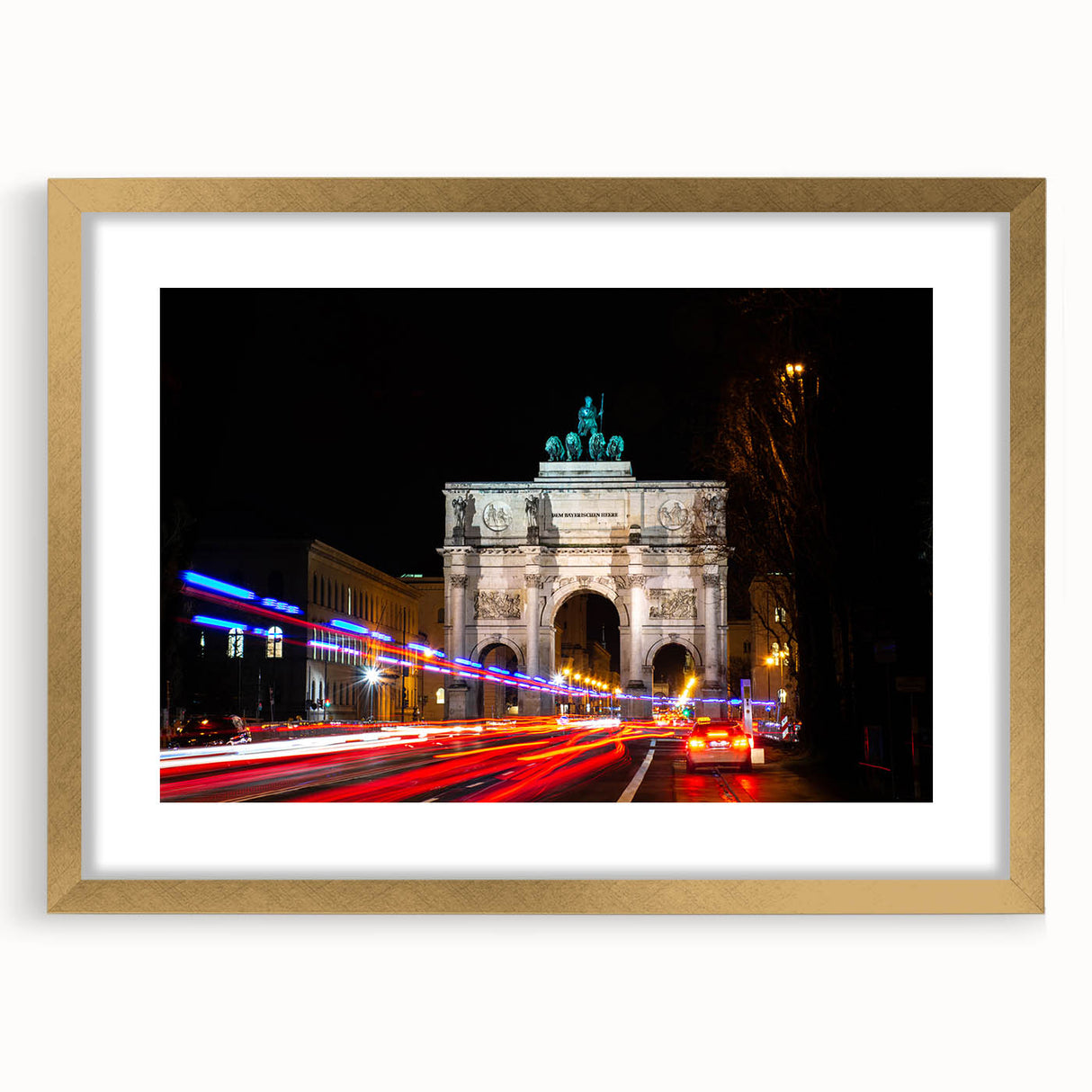 Abstract art print of Munich skyline in muted gold and blue tones on a framed canvas, suitable for dining room decor.