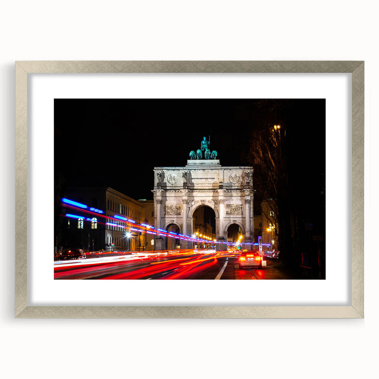 Extra large wall art featuring an abstract textured print of Munich scenery in muted earth tones, framed in silver.