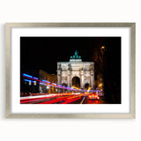 Extra large wall art featuring an abstract textured print of Munich scenery in muted earth tones, framed in silver.