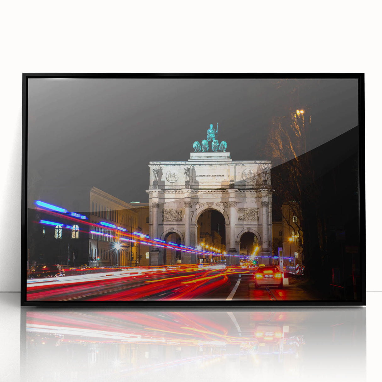 Large abstract wall art depicting Munich's skyline in muted gray and blue tones on a framed acrylic panel.