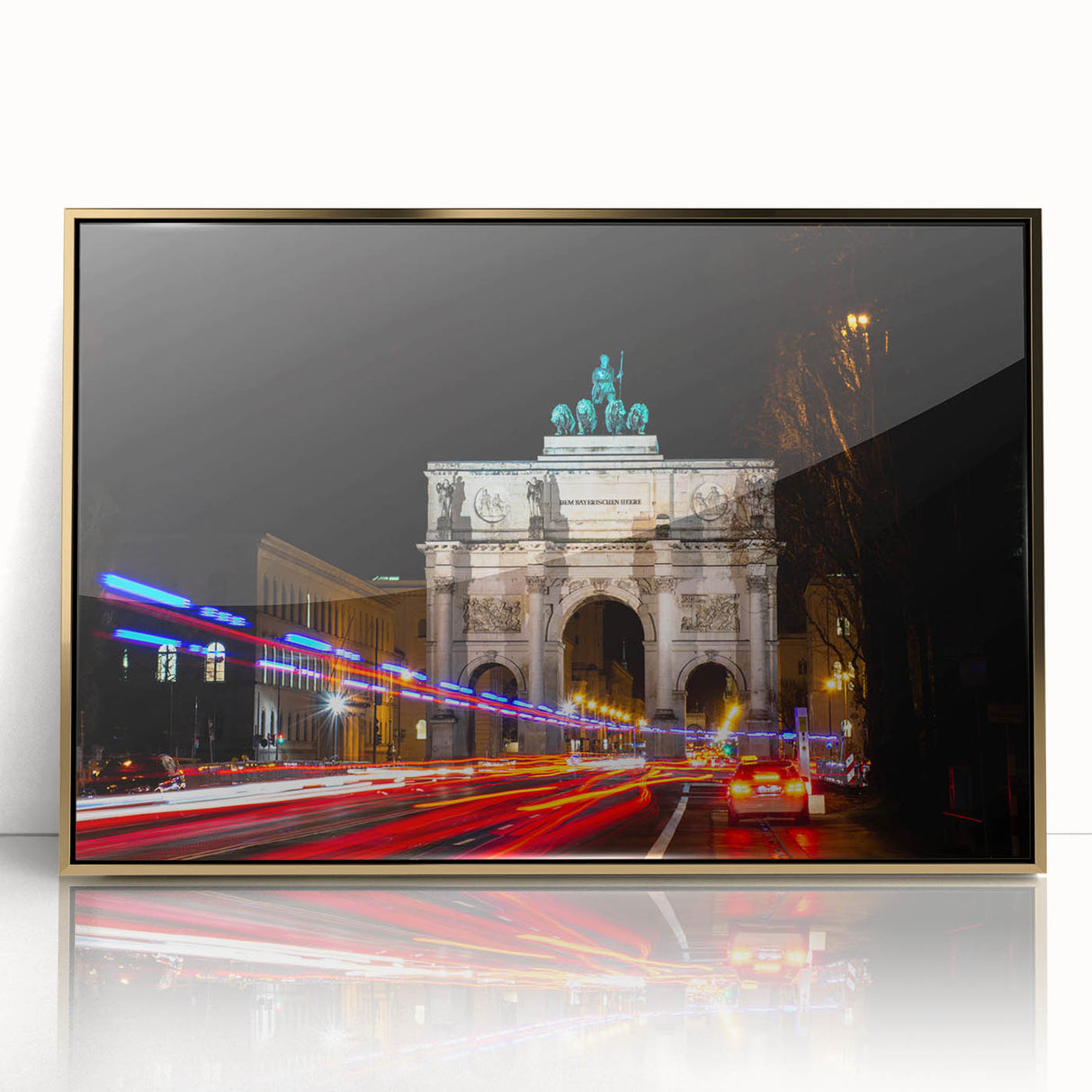 Art deco poster of Munich skyline in muted gold tones on framed acrylic, ideal for modern art wall decor.
