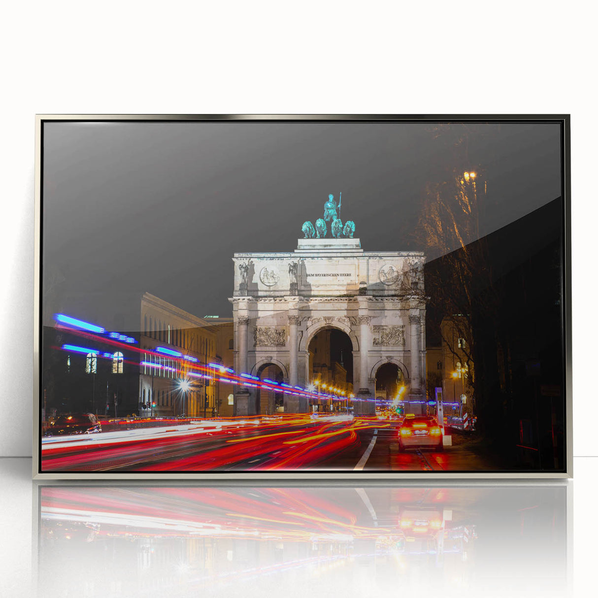 Framed acrylic print of Munich skyline in muted gray and blue tones, ideal for modern art wall decor.