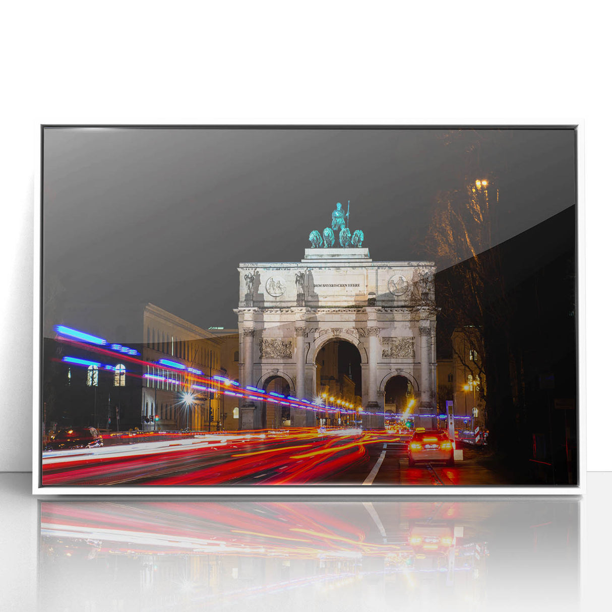 Mid-century modernist art of Munich scenery in muted earth tones on a white framed acrylic.