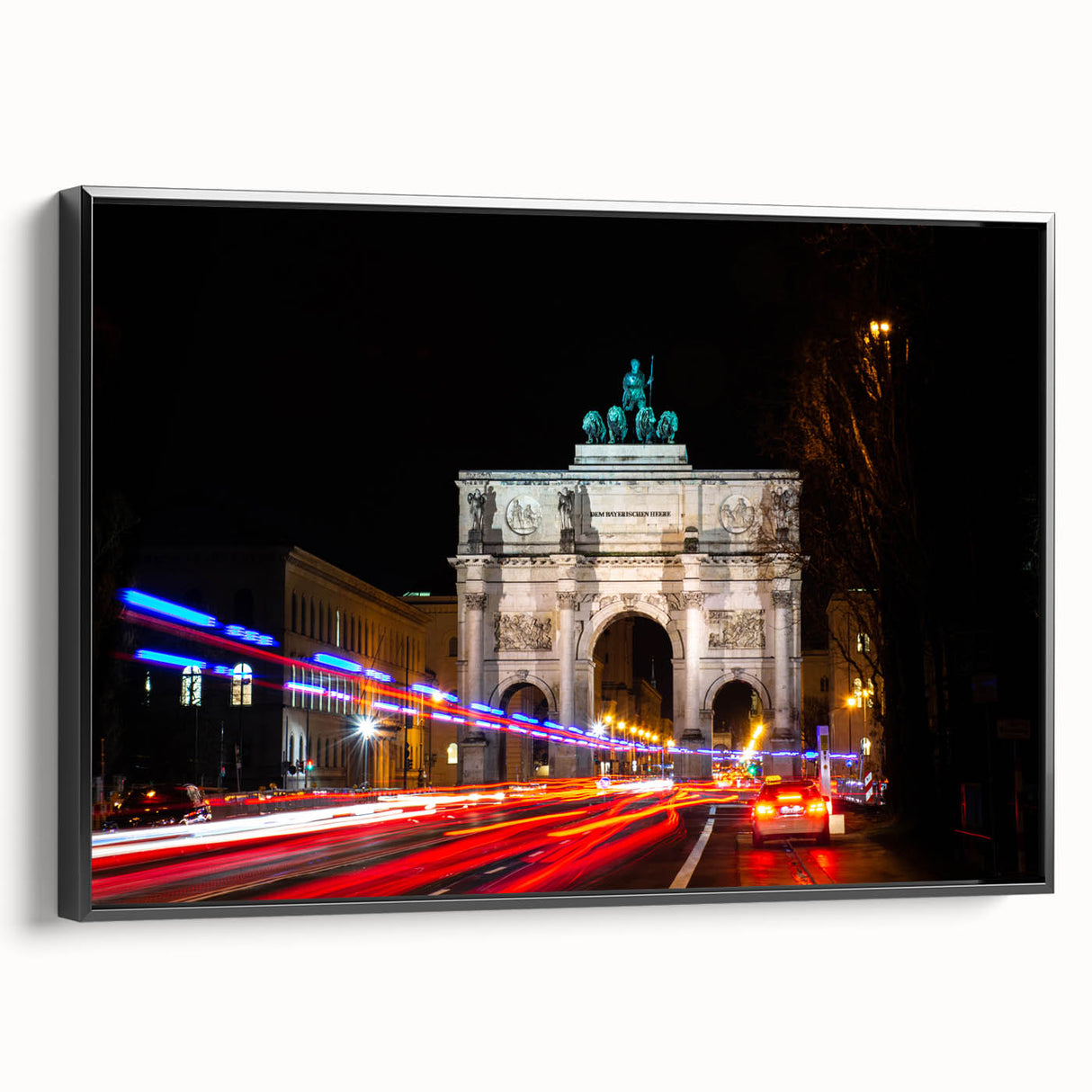Black and white wall art of Munich landscape on framed canvas, ideal for bedroom decor.