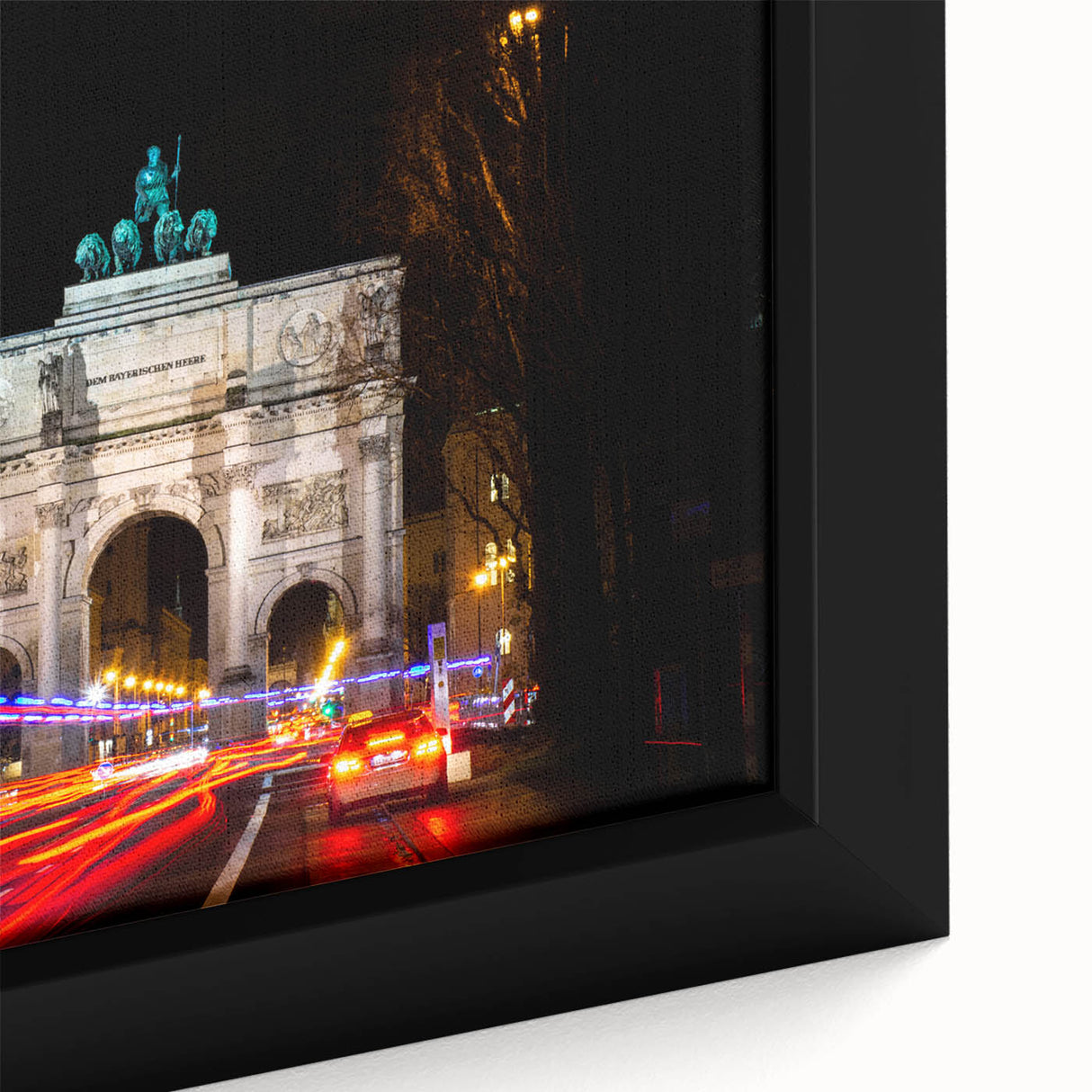 Extra large framed canvas featuring a textured depiction of Munich's scenery in black with colorful accents.