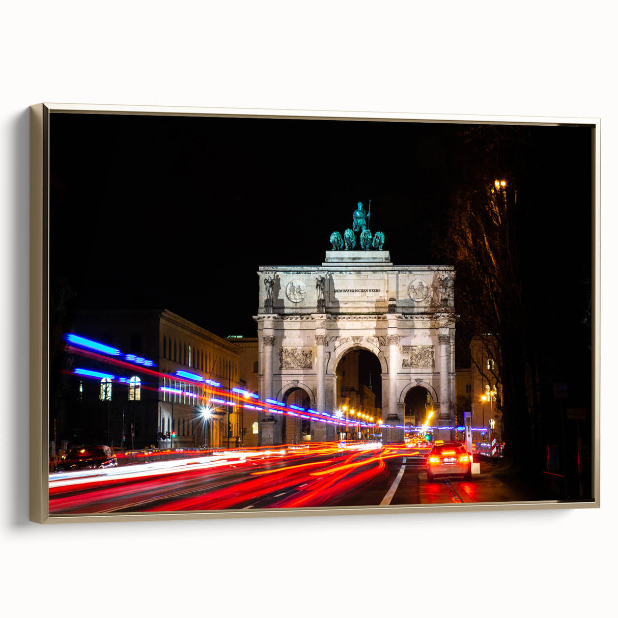 Framed canvas featuring a vintage-style landscape of Munich in muted gold and black tones, ideal for bedroom wall art.
