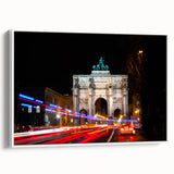 Vintage poster art of Munich skyline in colorful hues on extra large framed canvas, suited for living room decor.