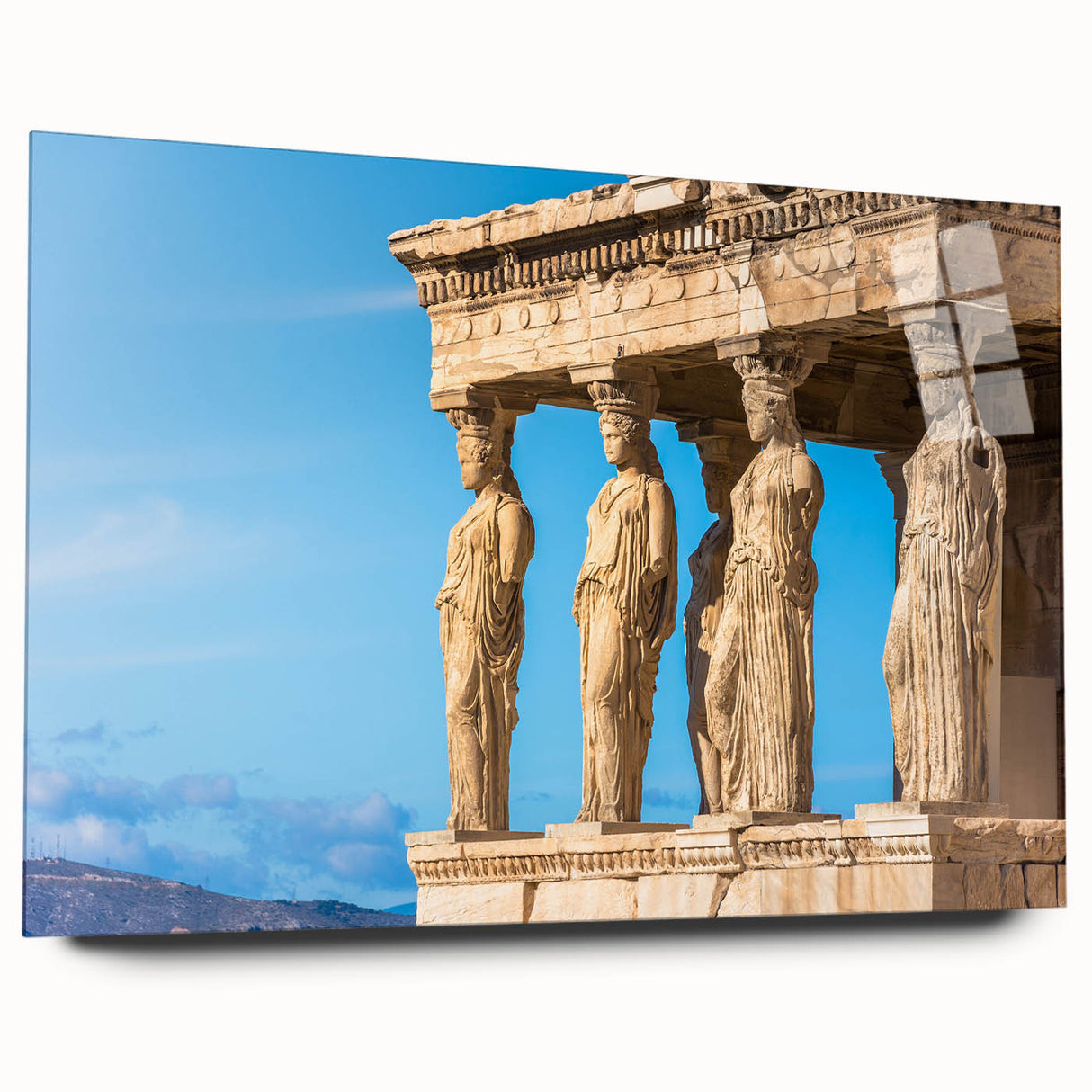 Large abstract depiction of Athens skyline in muted earth tones on acrylic glass, suitable for bedroom or dining room art.