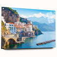 Acrylic print of a large abstract depiction of Crete, Greece in vibrant blue and white tones, ideal for dining room decor.