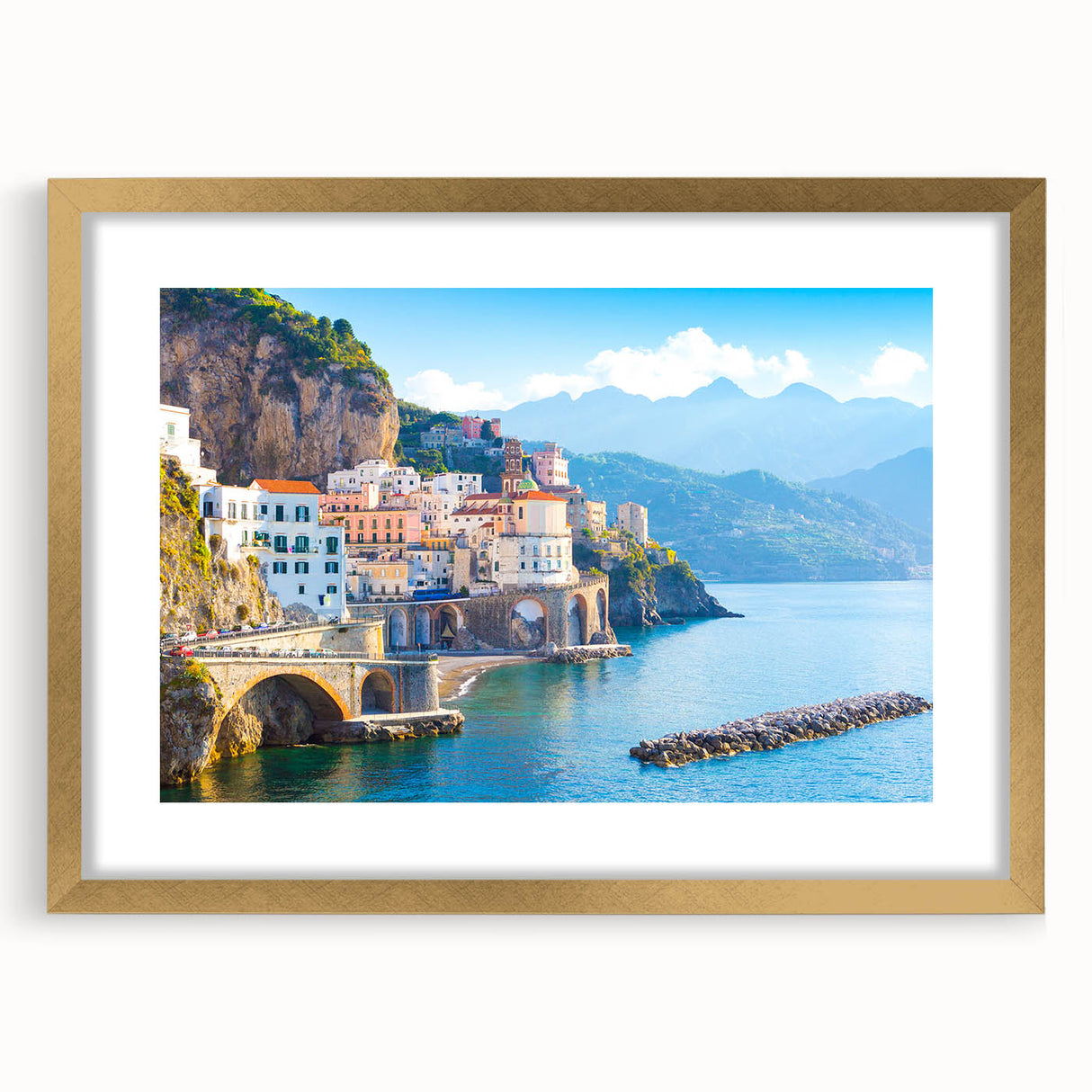 Abstract art print of Crete, Greece, in muted gold and blue tones on a framed canvas, suitable for dining room decor.