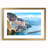 Abstract art print of Crete, Greece, in muted gold and blue tones on a framed canvas, suitable for dining room decor.