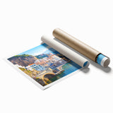 Extra large rolled print of Crete, Greece, featuring vivid blue and white tones, ideal for classy bathroom wall art.
