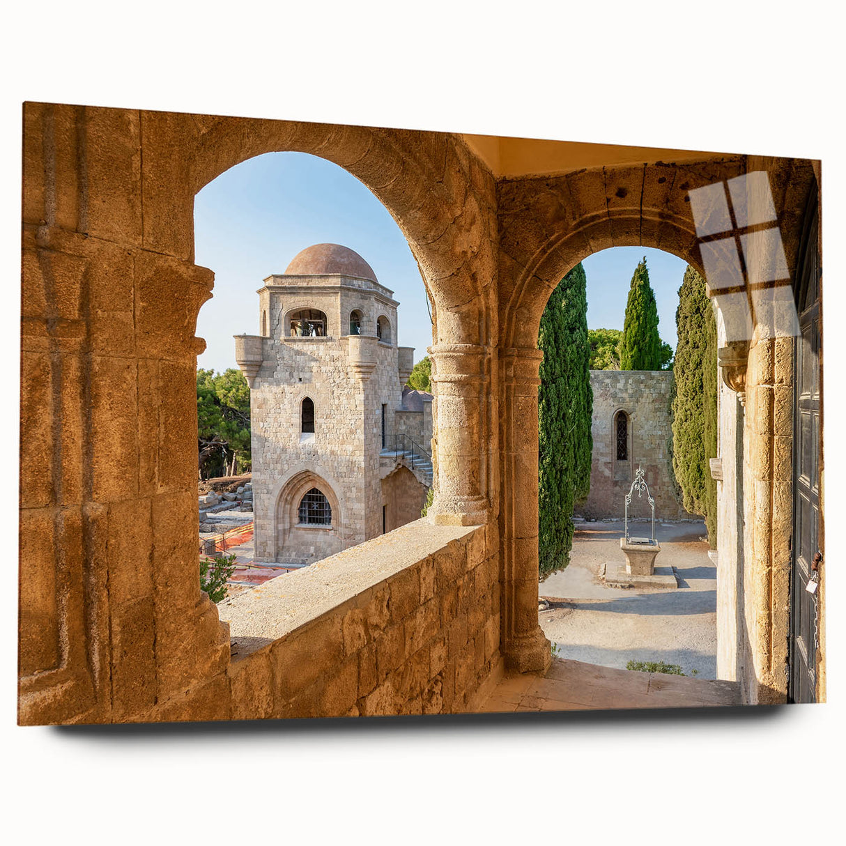 Acrylic print of a large abstract depiction of Rhodes, Greece, in muted blues and whites.