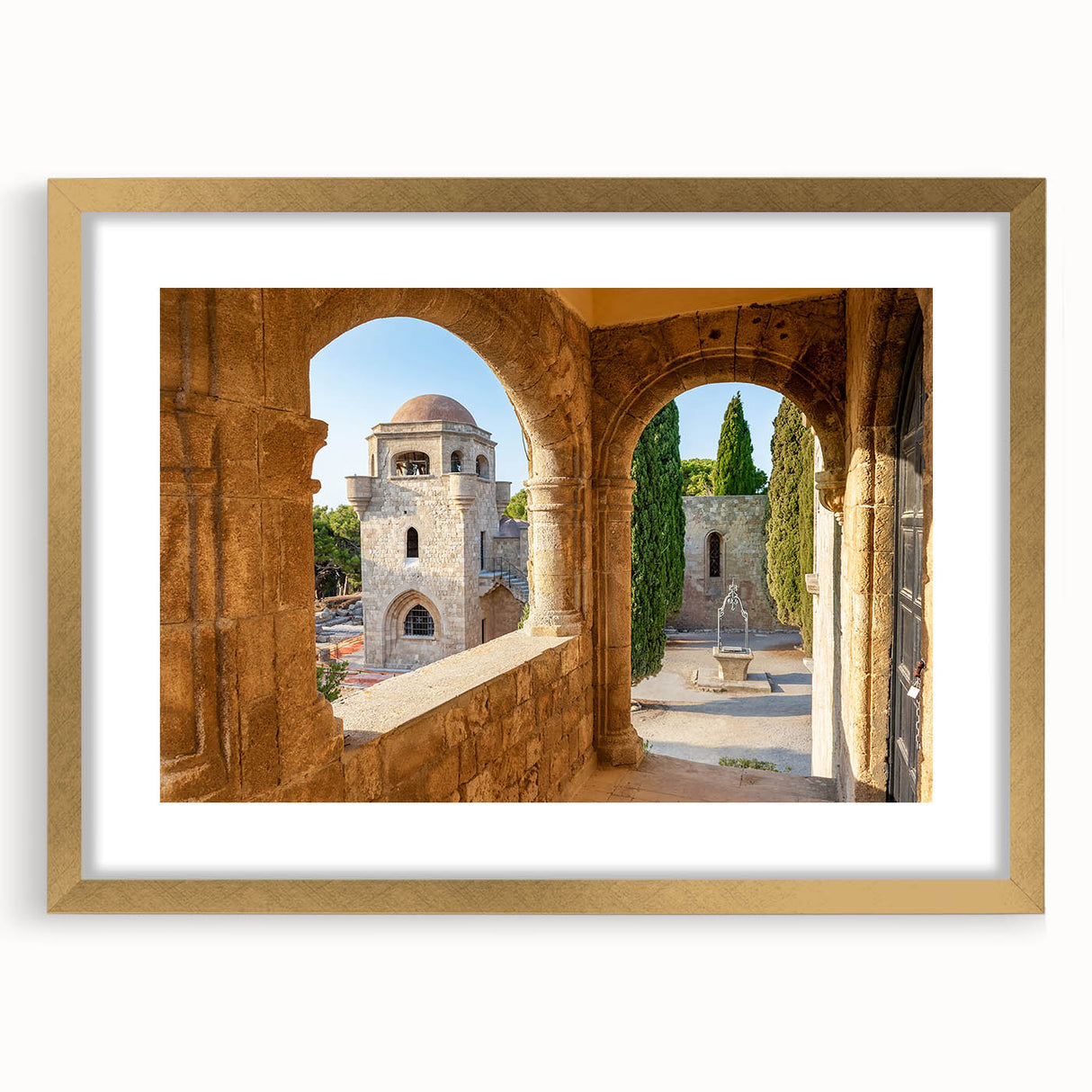 Abstract art print of Rhodes, Greece, featuring muted earth tones in a gold frame, ideal for dining room decor.