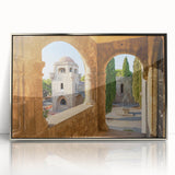 Framed acrylic print of a Rhodes, Greece scenery in muted blue and white tones, suitable for modern art wall decor.
