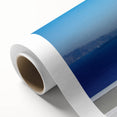 Art deco poster of Santorini with blue and white tones on rolled canvas, suitable for nursery wall art or dining room.