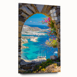 Large abstract wall art of a Greek landscape on acrylic glass, with muted earth tones.