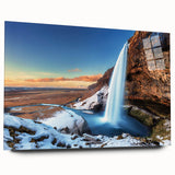 Large abstract depiction of an Icelandic scenery in muted gray and blue tones on acrylic glass.