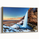 Framed canvas featuring a vintage-style Icelandic landscape with muted gold and black tones, ideal for bedroom wall art.