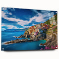 Acrylic print of the Amalfi Coast with vibrant blue and coastal hues, ideal for bedroom or dining room decor.