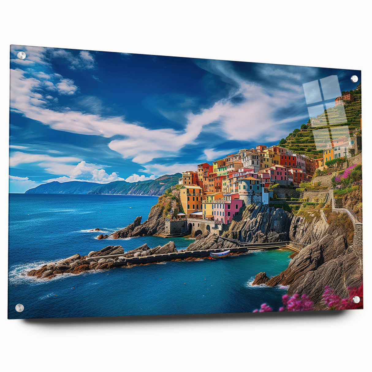 Acrylic print of the Amalfi Coast with vibrant blue and coastal hues, ideal for bedroom or dining room decor.