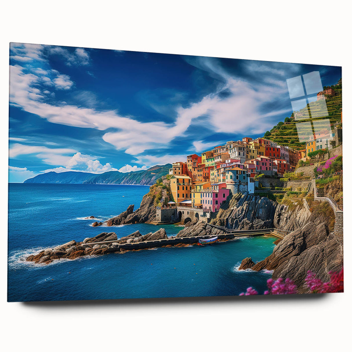 Acrylic print of the Amalfi Coast in Italy, featuring soft pastel shades, perfect for bedroom or dining room decor.