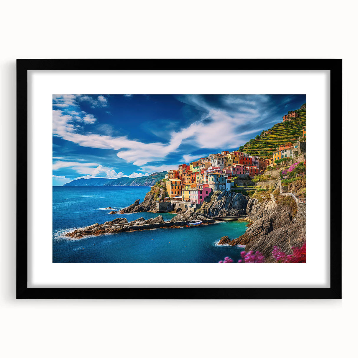 Colorful abstract art print of the Amalfi Coast in a black frame, ideal for living room decor.