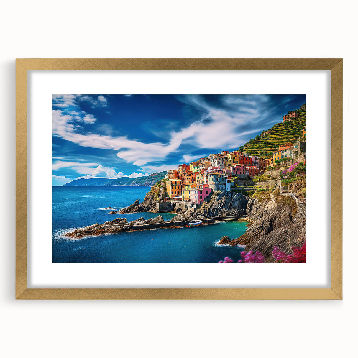 Abstract art print of Amalfi Coast with vibrant blue and white tones on a framed canvas, suitable for dining room decor.