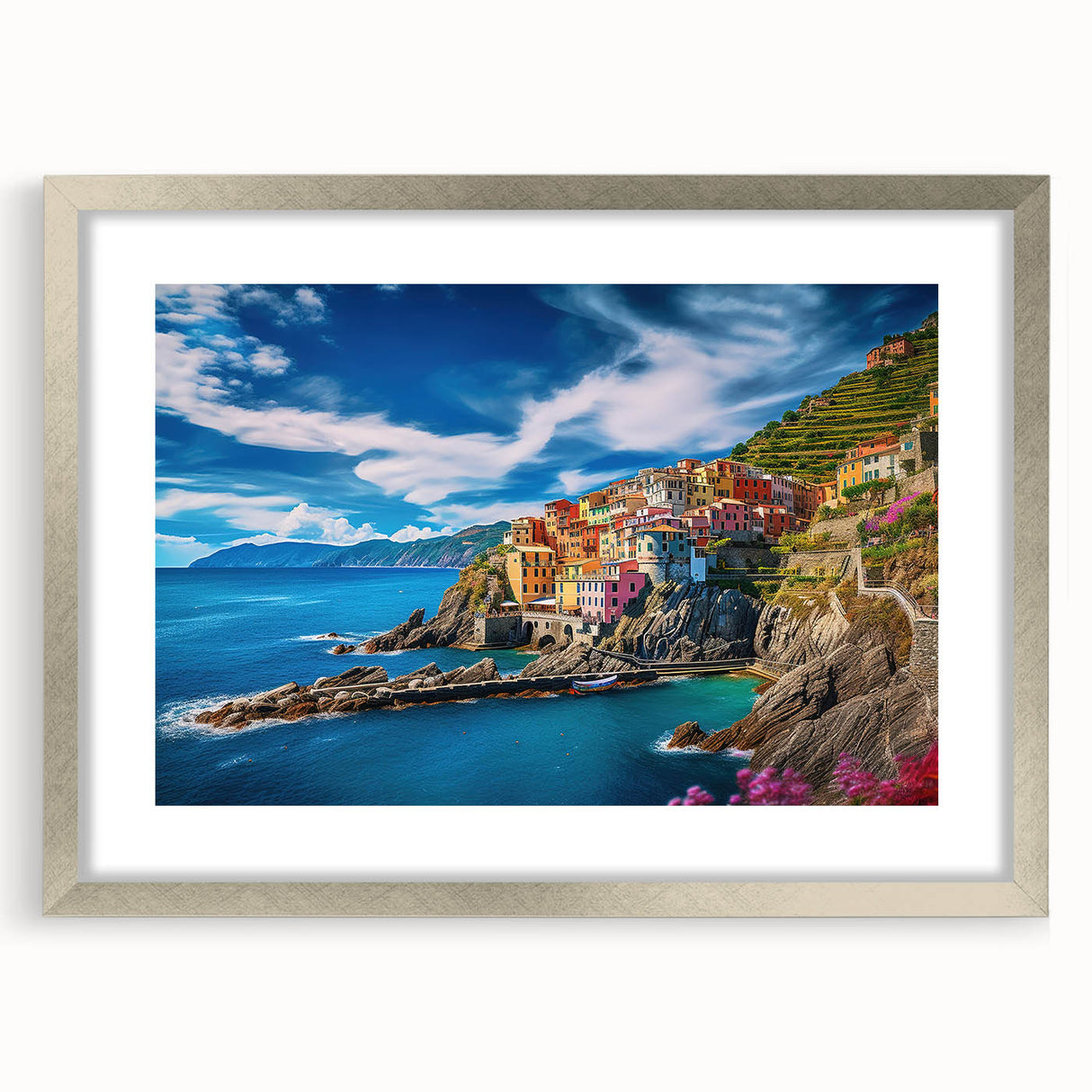 Extra large wall art depicting the Amalfi Coast in vibrant blue and white tones, framed with a silver mat.