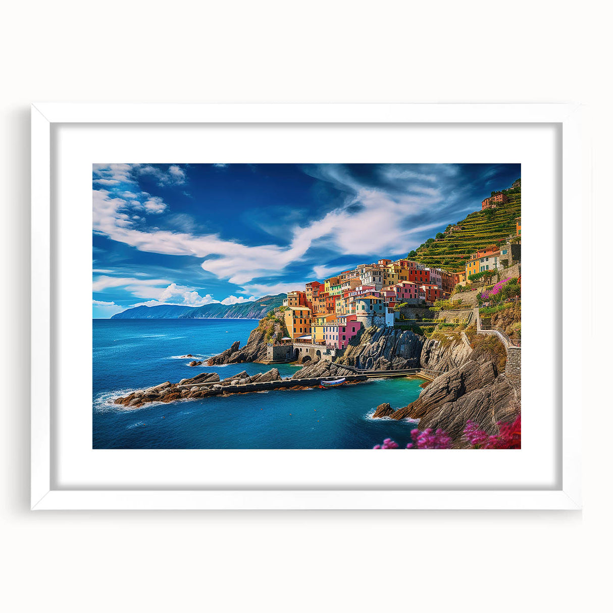 Textured art print of the Amalfi Coast in muted earth tones, framed in white, ideal for bedroom decor.