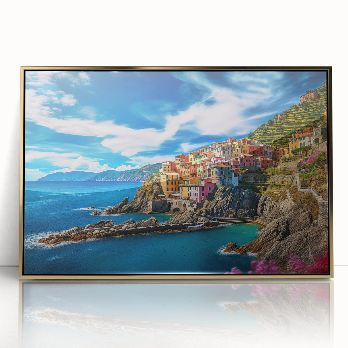 Acrylic print of the Amalfi Coast with vivid blue and terracotta colors in an art deco style.