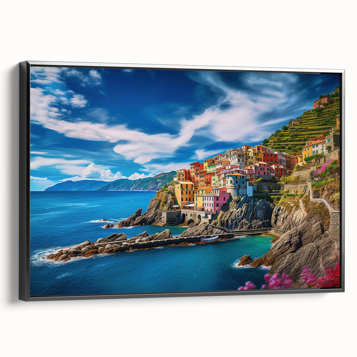 Black and white framed canvas of Amalfi Coast landscape, ideal for bedroom wall decor.
