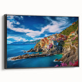 Black and white framed canvas of Amalfi Coast landscape, ideal for bedroom wall decor.