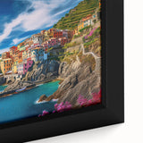 Extra large framed canvas of the Amalfi Coast in Italy with textured, colorful art and black accents.