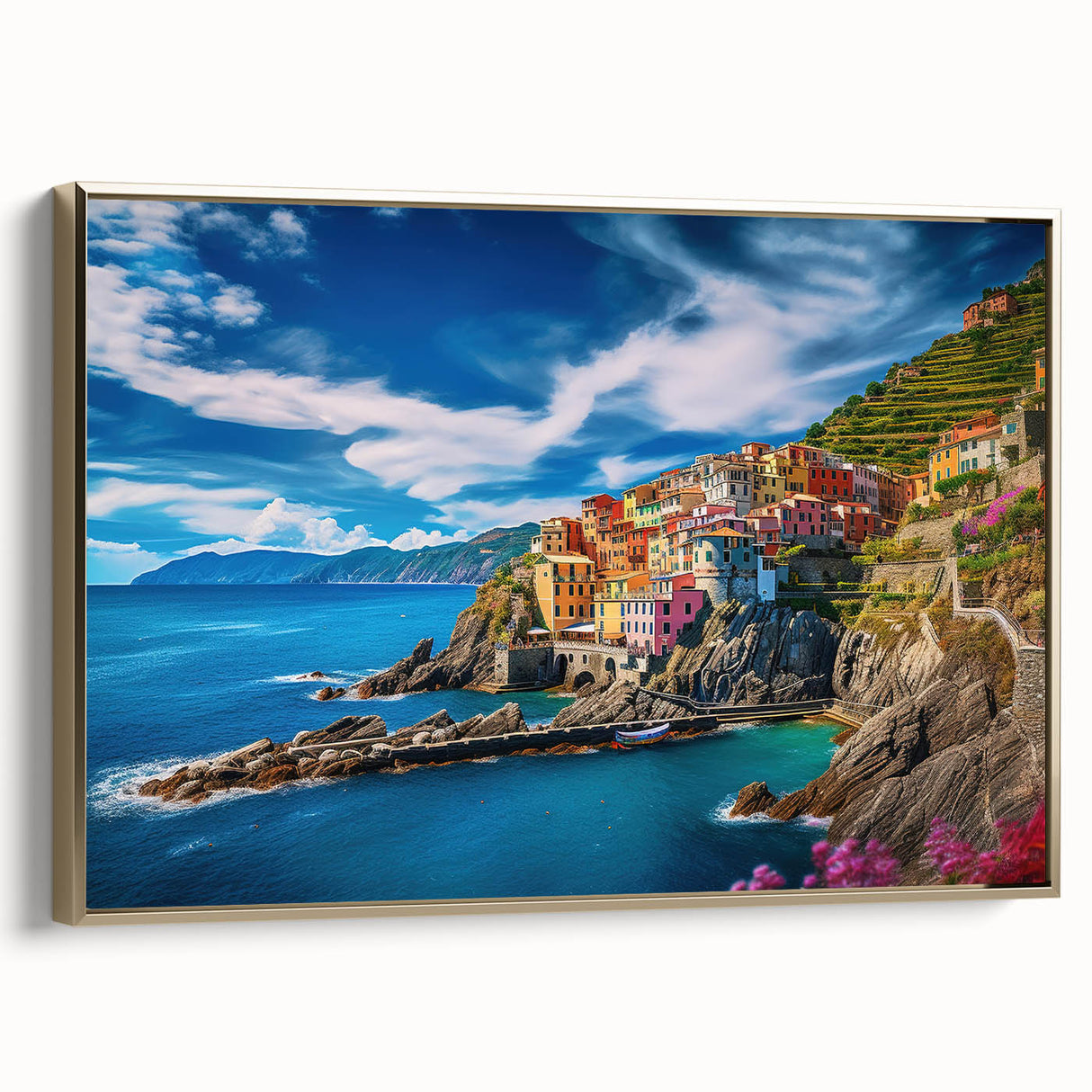 Framed canvas of Amalfi Coast landscape in muted gold and black tones, ideal for bedroom wall art.