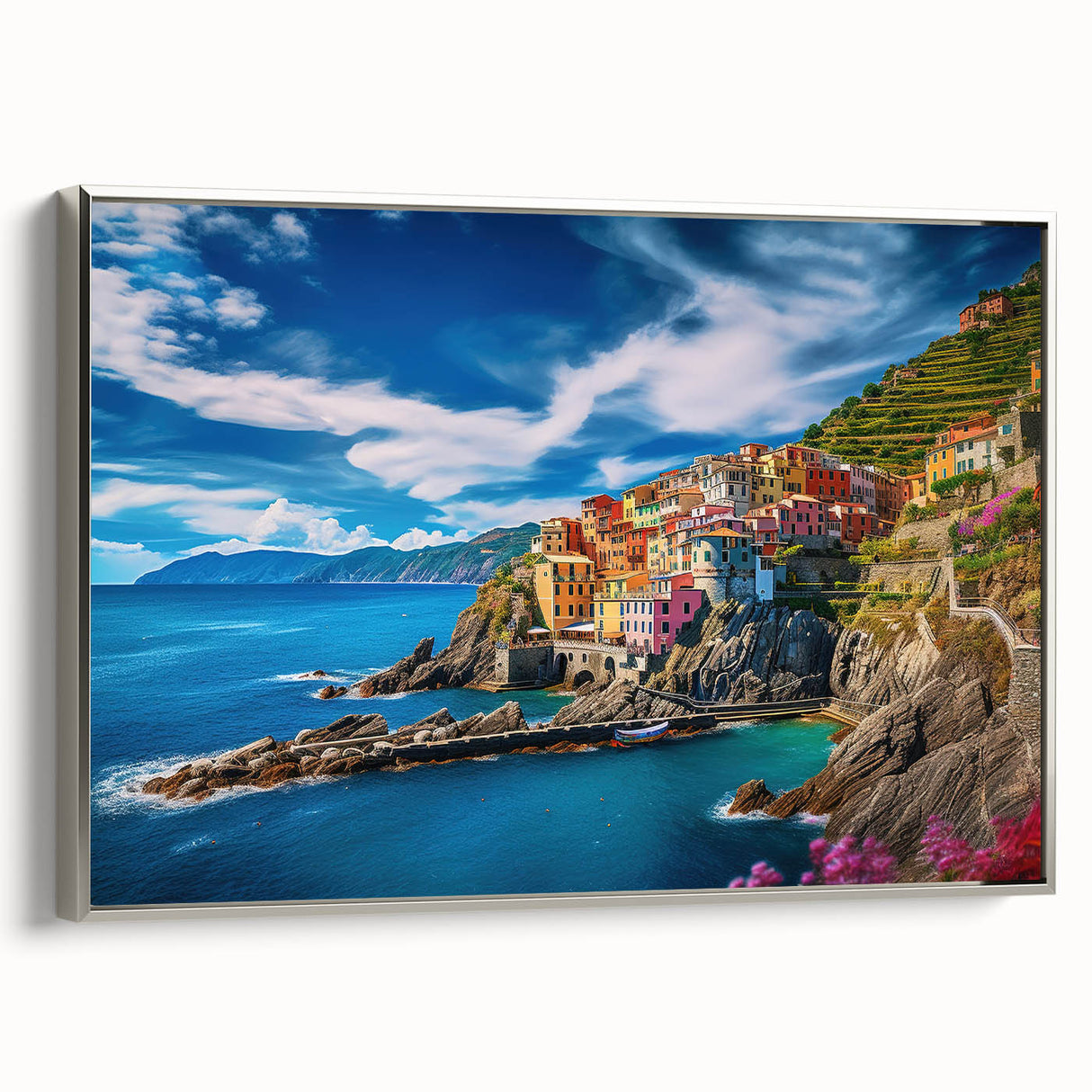 Framed canvas of Amalfi Coast landscape painting in vibrant colors with a vintage poster style, ideal for living room decor.