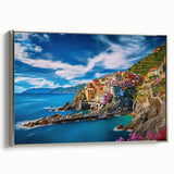 Framed canvas of Amalfi Coast landscape painting in vibrant colors with a vintage poster style, ideal for living room decor.