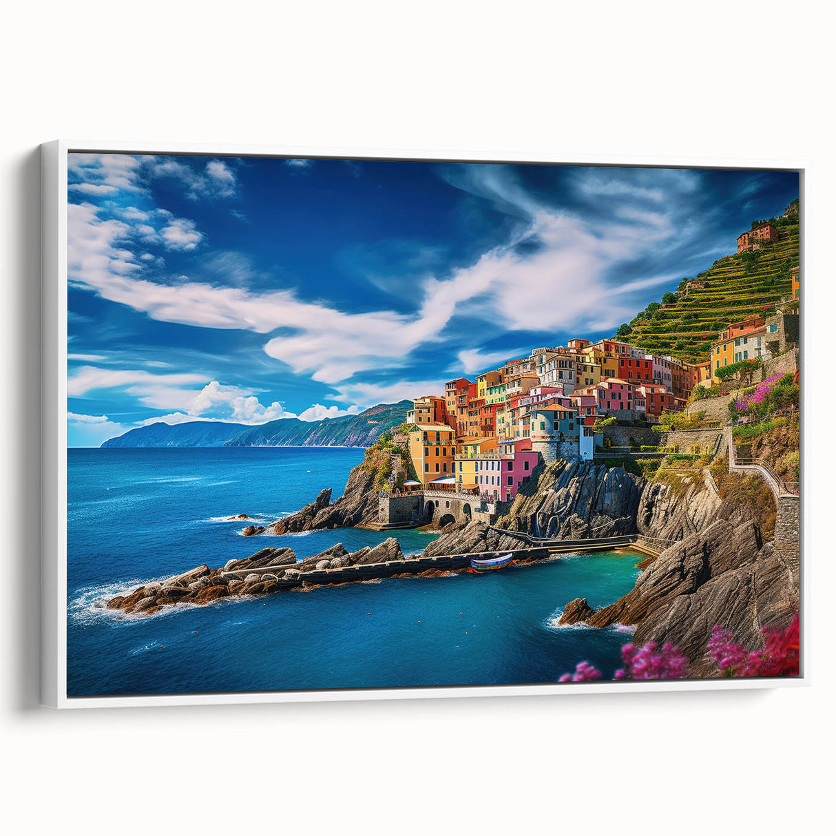Vintage poster art of Amalfi Coast with vibrant colors on a framed canvas, ideal for living room decor.