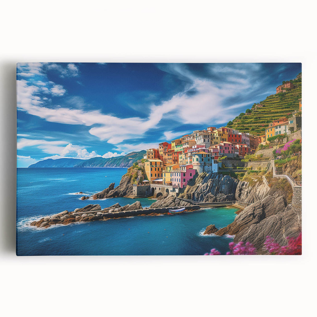 Black and white large art print of the Amalfi Coast on stretched canvas, ideal for kitchen wall art.
