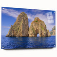 Acrylic print of Capri, Italy, featuring vibrant ocean blues and cliffside views, ideal for dining room decor.