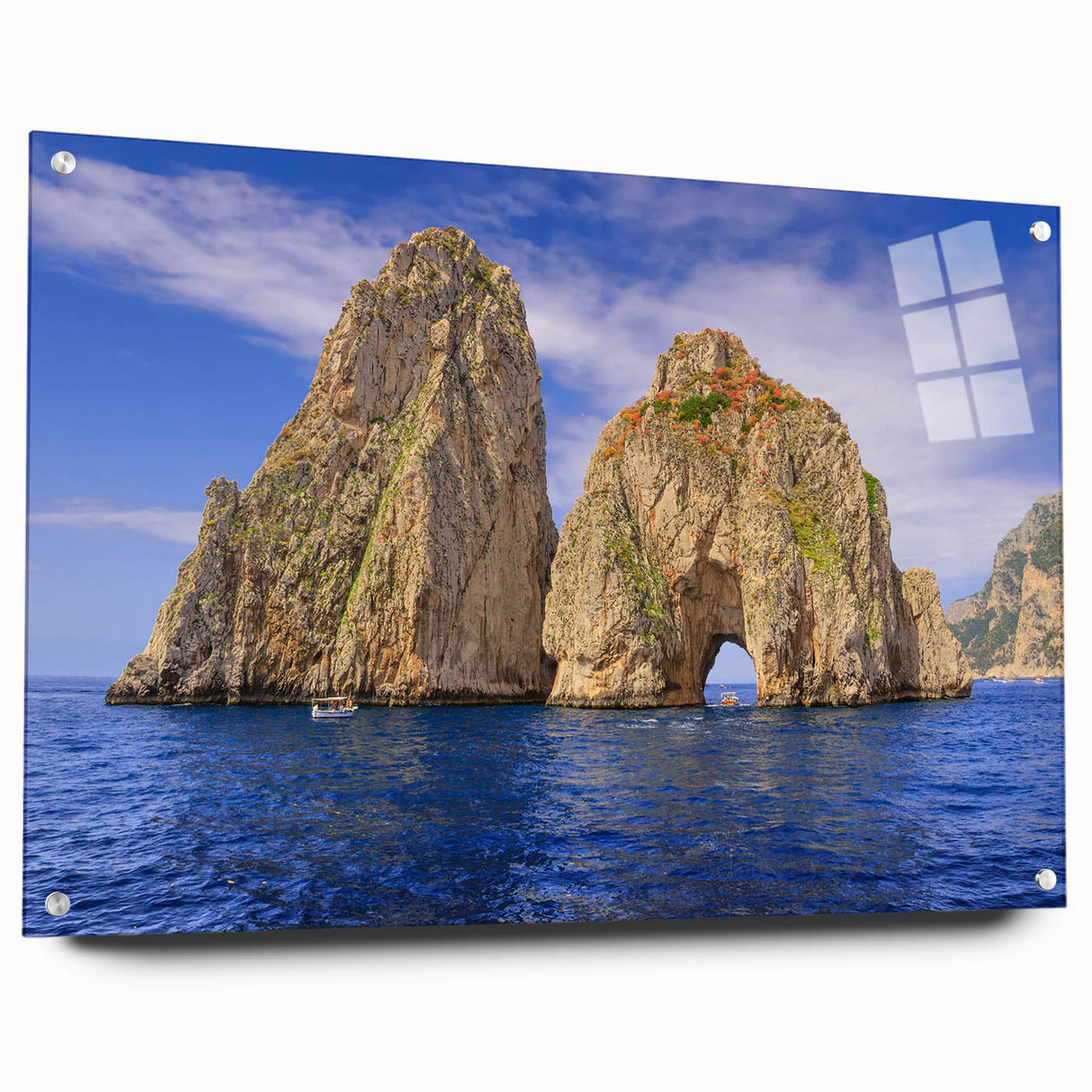 Acrylic print of Capri, Italy, featuring vibrant ocean blues and cliffside views, ideal for dining room decor.