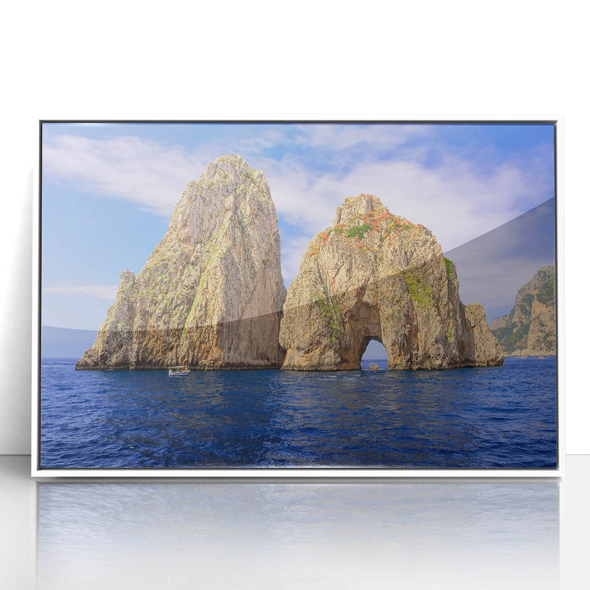 Art deco poster of Capri, Italy, featuring vibrant blue and white tones on a framed acrylic, ideal for modern art wall decor.