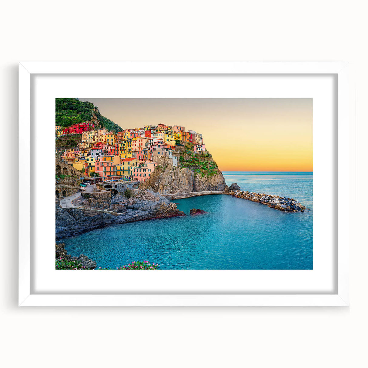 Textured art print of Cinque Terre with abstract elements in vibrant hues, framed in white, ideal for bedroom art.
