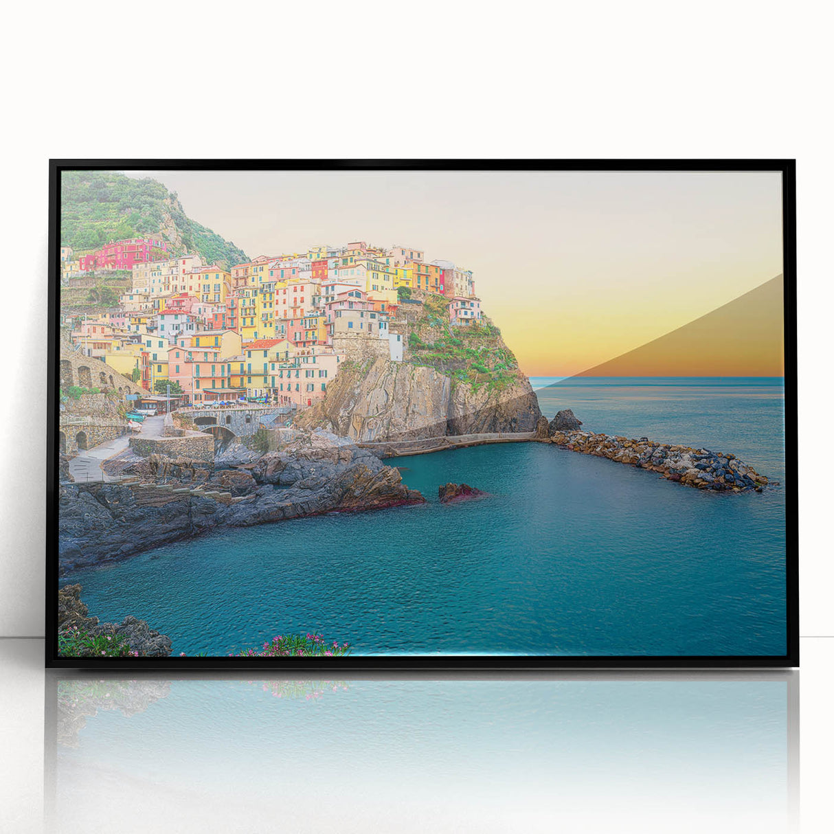 Framed acrylic print of a large abstract depiction of Cinque Terre with vibrant blue and green tones.