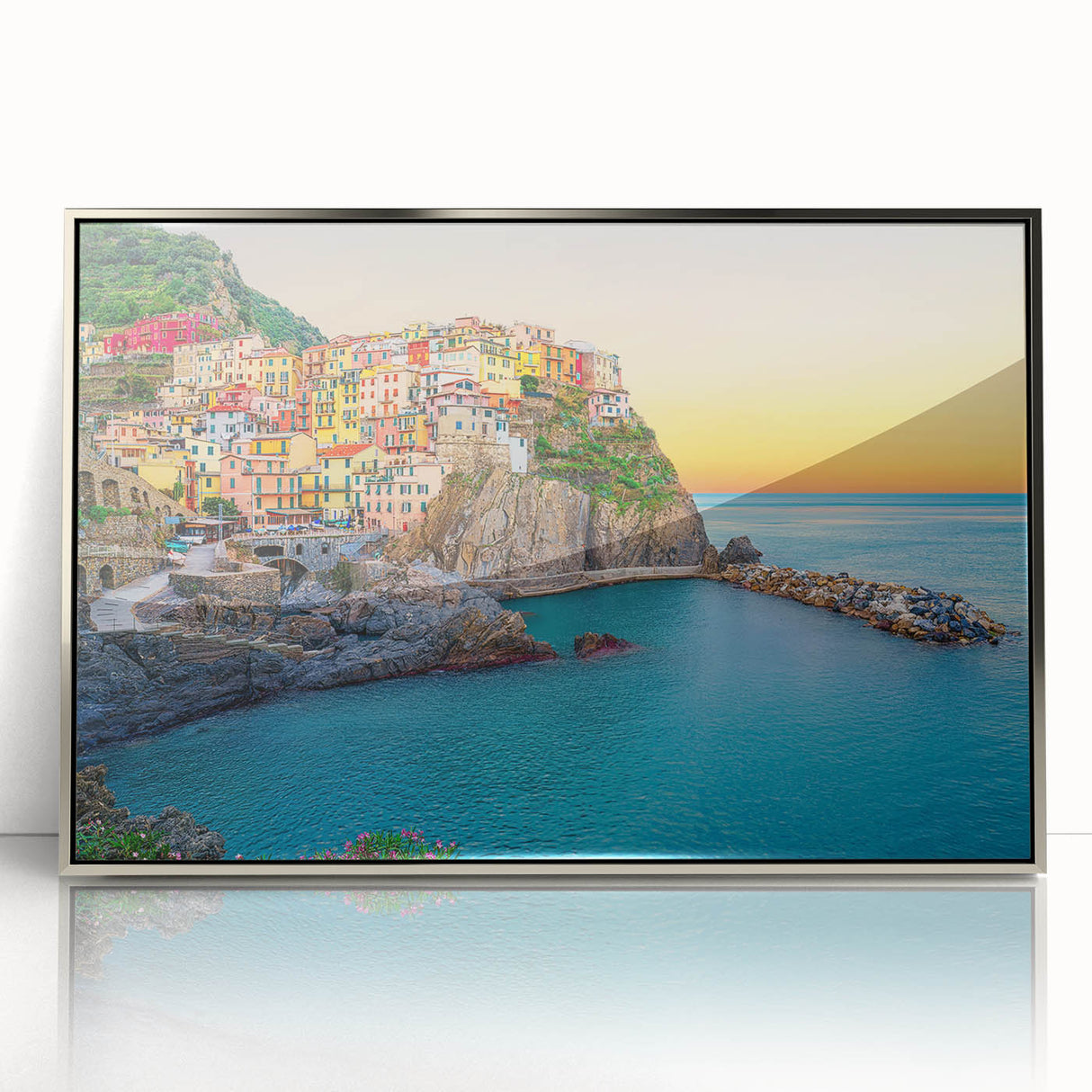 Framed acrylic print of Cinque Terre with pastel-colored buildings and sea, ideal for modern art wall decor.