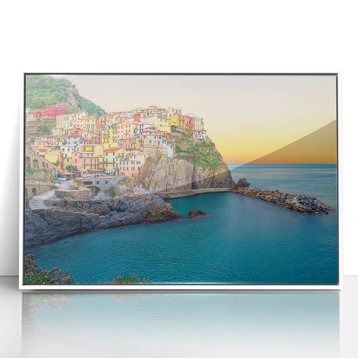 Framed acrylic print of Cinque Terre with pastel shades, in a mid-century modernist style, suitable for nursery wall art.