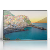 Framed acrylic print of Cinque Terre with pastel shades, in a mid-century modernist style, suitable for nursery wall art.