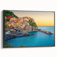 Black and white framed canvas of Cinque Terre landscape, ideal for bedroom wall art with a vintage poster style.