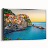 Black and white framed canvas of Cinque Terre landscape, ideal for bedroom wall art with a vintage poster style.