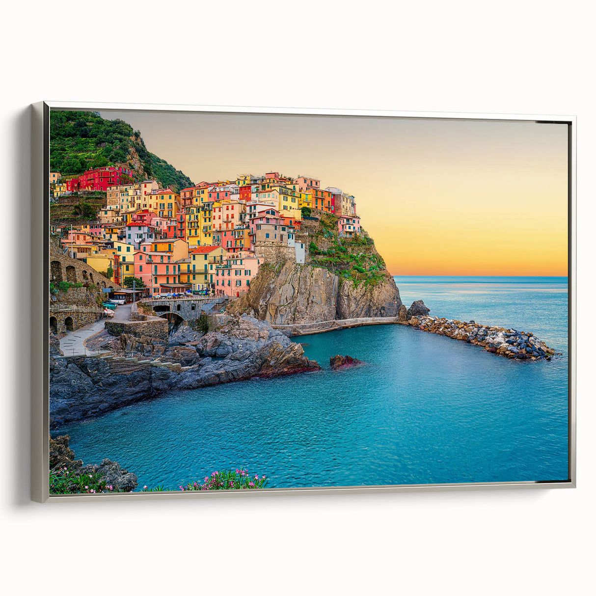 Framed canvas landscape art painting of Cinque Terre with vibrant coastal colors.